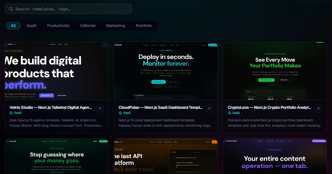 Templates de nicho listos para lanzar, sin reinventar UI en cada proyecto